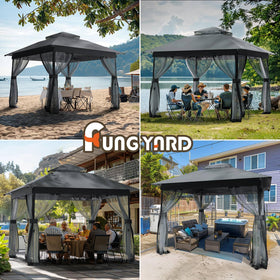 FUNG YARD outdoor gazebo with mesh sidewalls blocks bugs while letting air flow.