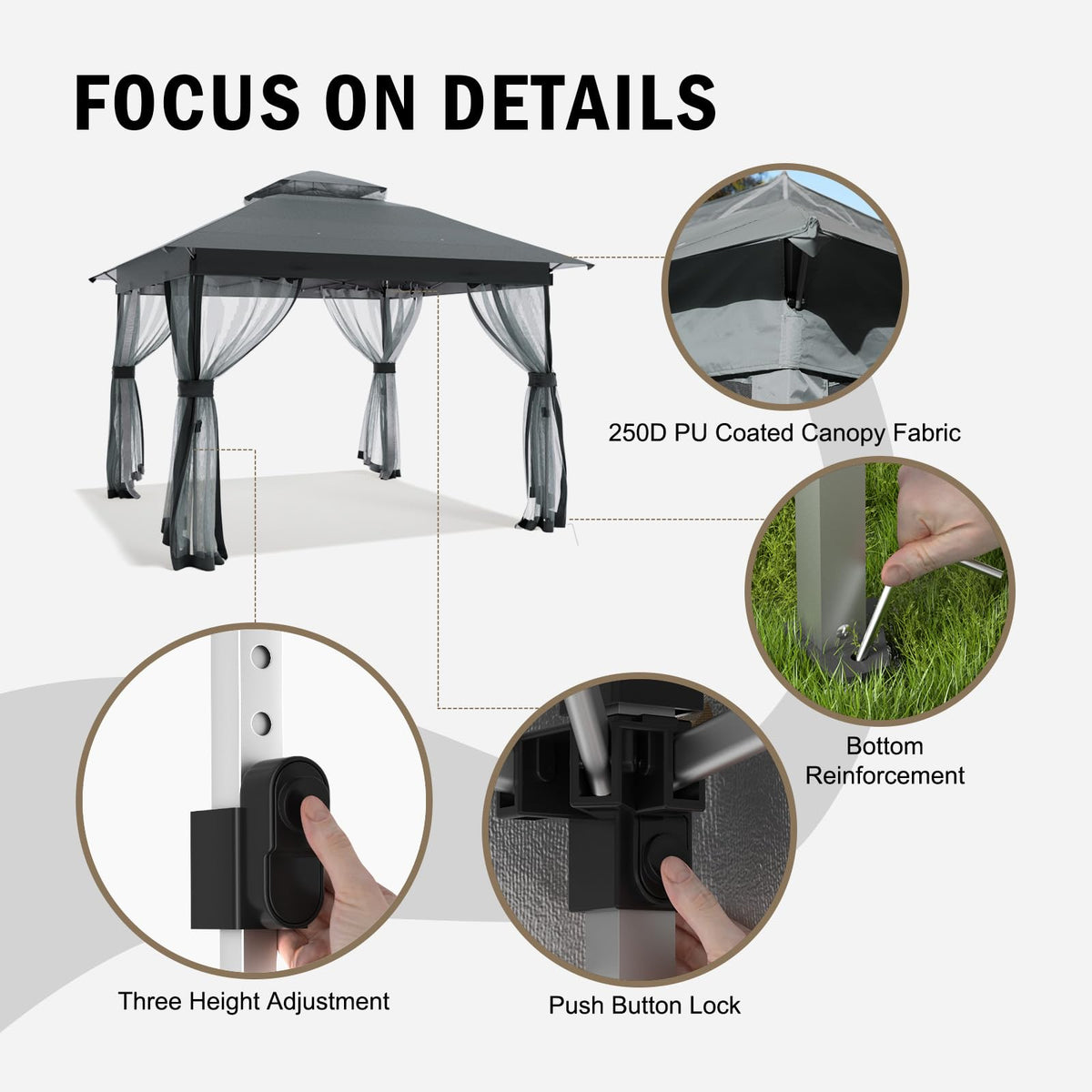 FUNG YARD 10x10 gazebo fabric blocks UV rays and repels water for outdoor use.
