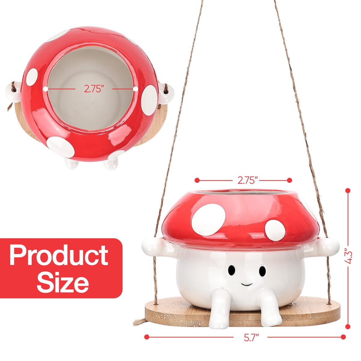 Fungi Fun ceramic swing face planter enhances indoor or outdoor displays.