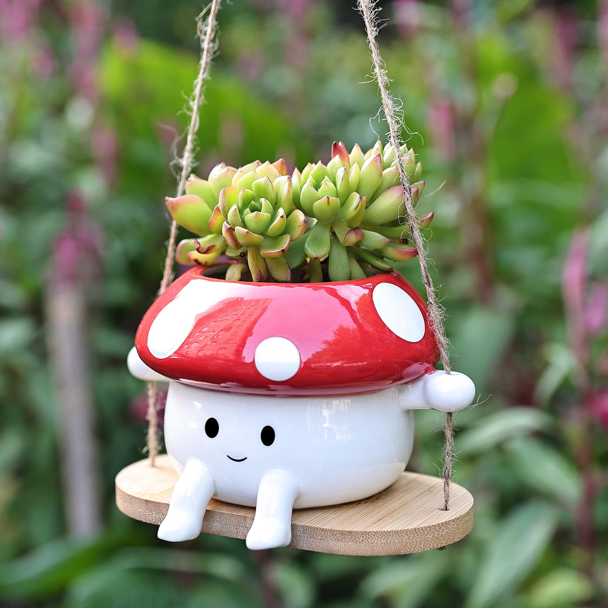 Fungi Fun mushroom hanging planter in red ceramic for small-space decor.