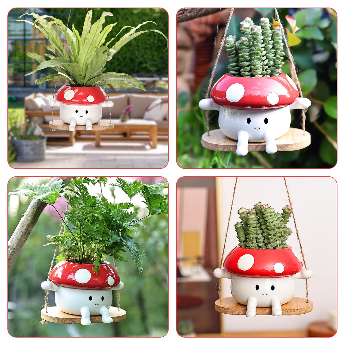 Fungi Fun mushroom planter with a swinging face adds whimsy to compact spaces.