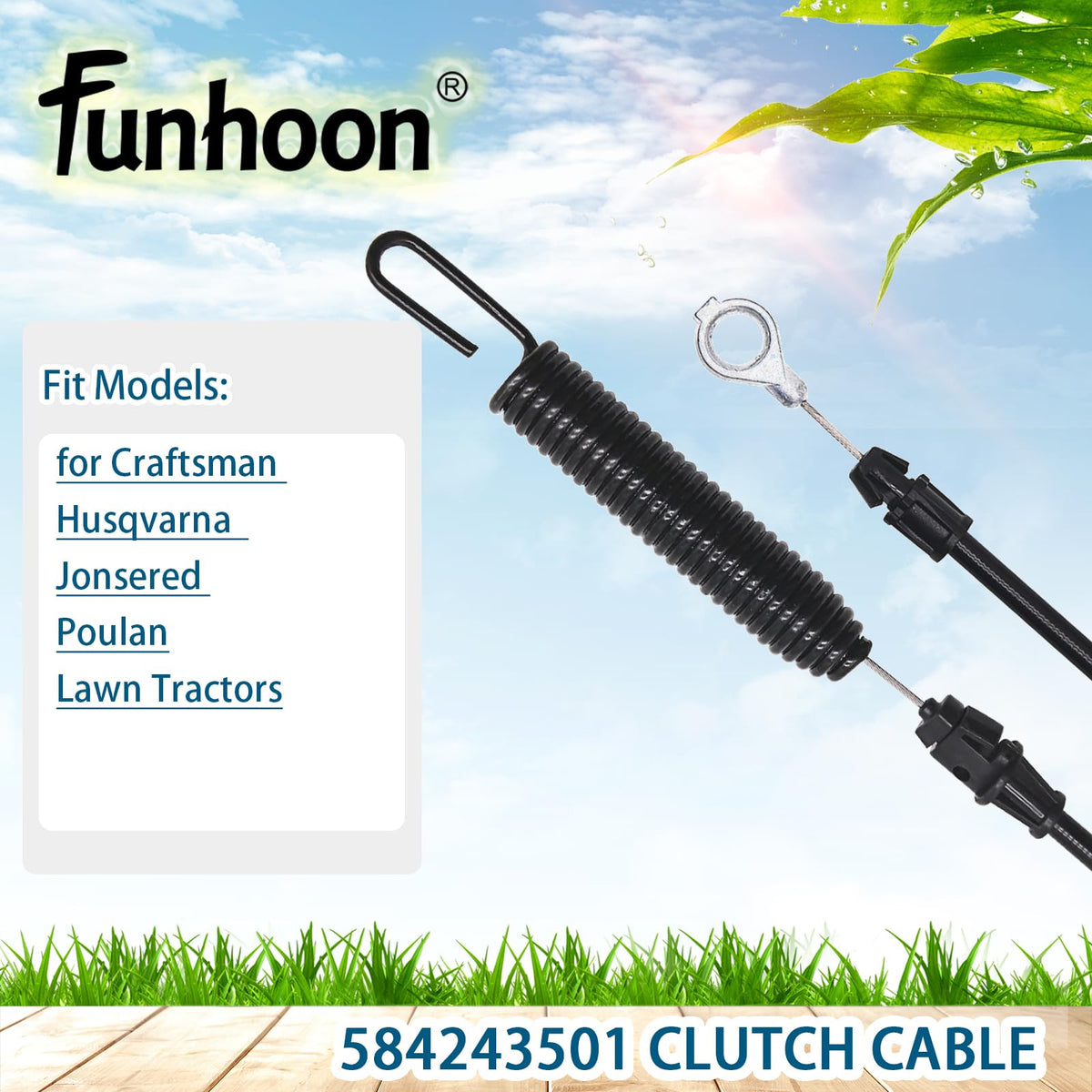 Wide model compatibility shows Funhoon fits Craftsman, Husqvarna, and Jonsered mowers