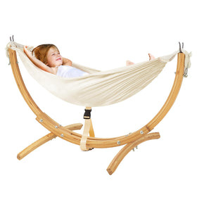 FUNLIO kids hammock stand wooden frame offers sturdy indoor support.