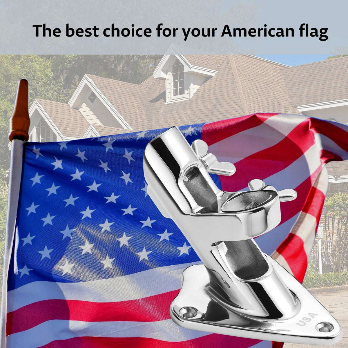 FUNNANS concrete wall mount bracket holding a 1 inch flag pole outdoors.