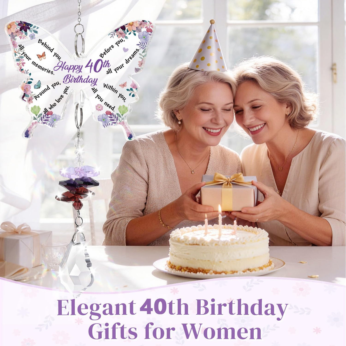 Funnli 40th birthday gift in purple box ready for gifting.