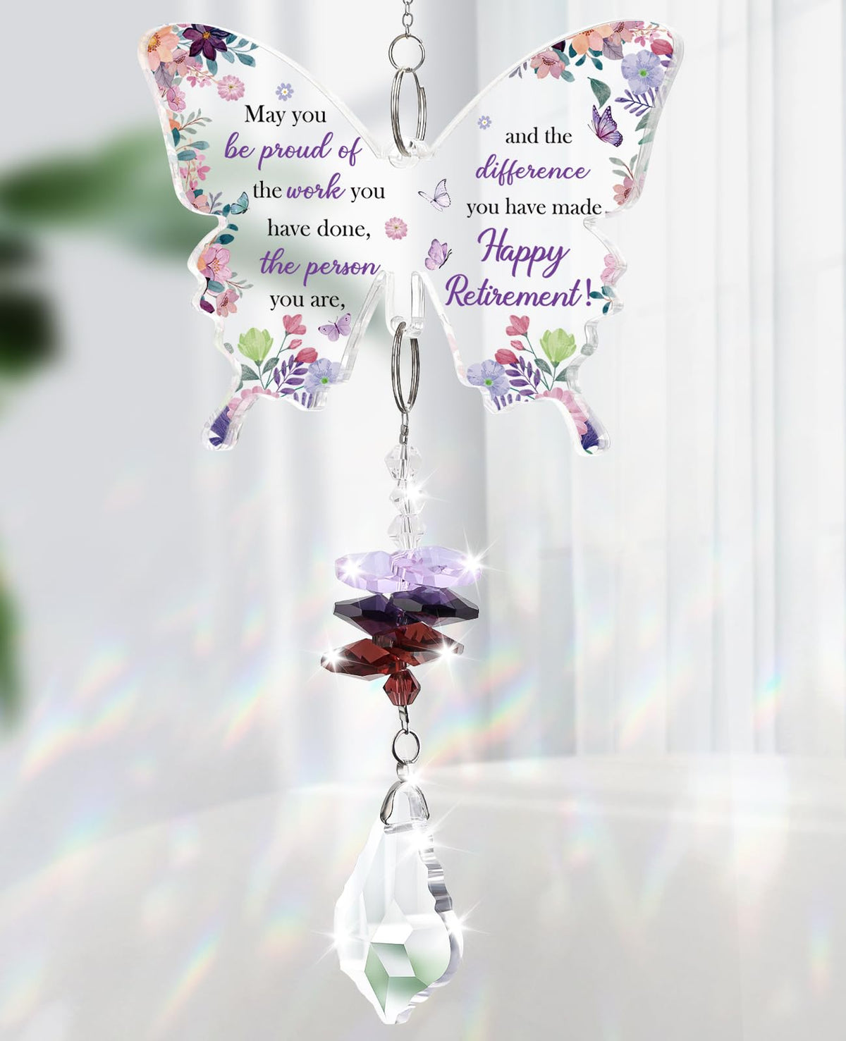 Funnli butterfly crystal suncatcher captivates sunlight with colorful reflections for windows.