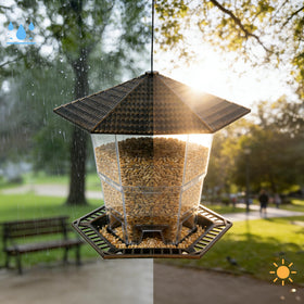 Funpeny bird feeder hexagonal roof provides shelter from sun and rain.