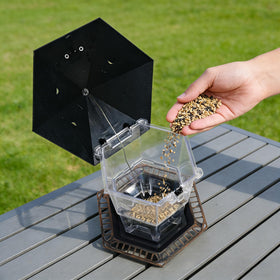 Funpeny bird feeder push-button release makes refilling quick and simple.