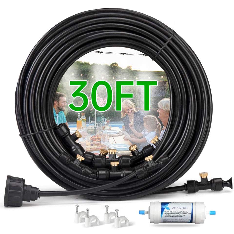 Funpynani 30ft outdoor misting system with brass nozzles cooling a sunny patio