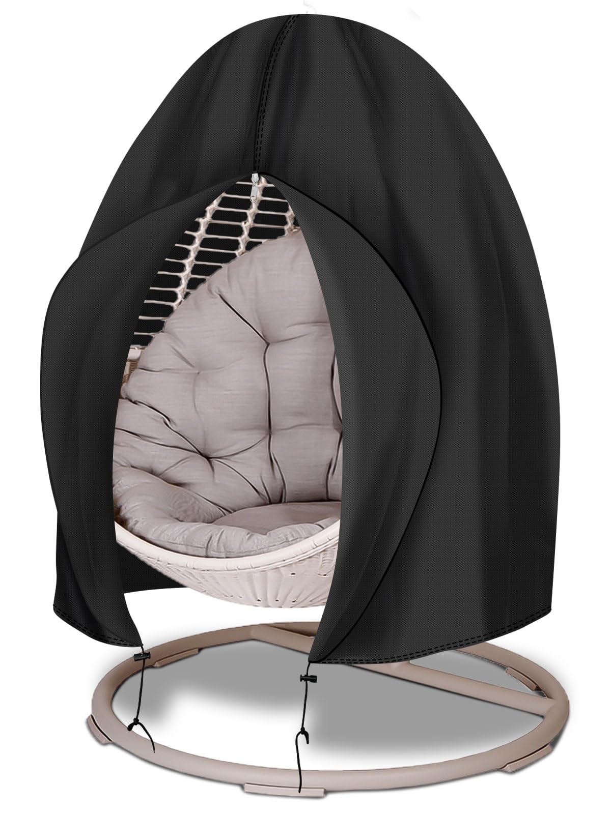 Funshot egg chair cover protecting a single chair from rain and sun.