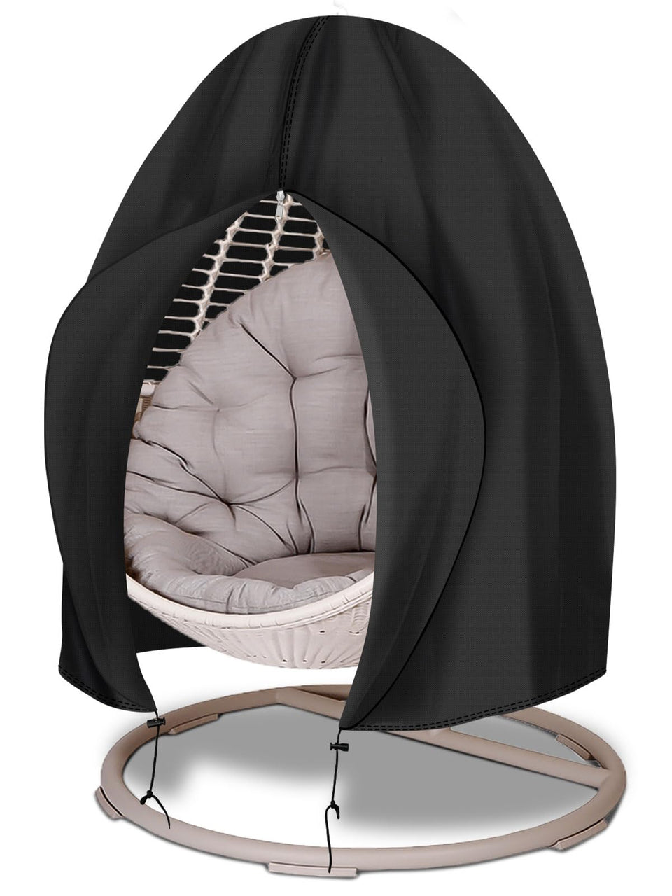 Funshot egg chair cover protecting a single chair from rain and sun.