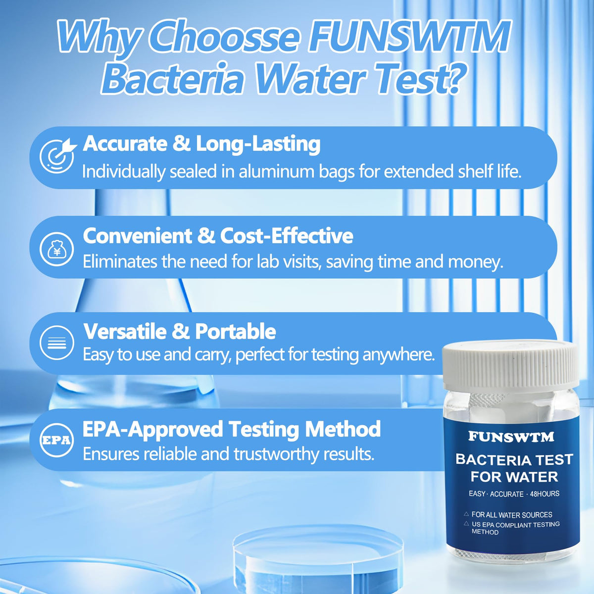 FUNSWT Coliform Test Kit vials close-up for at-home accuracy