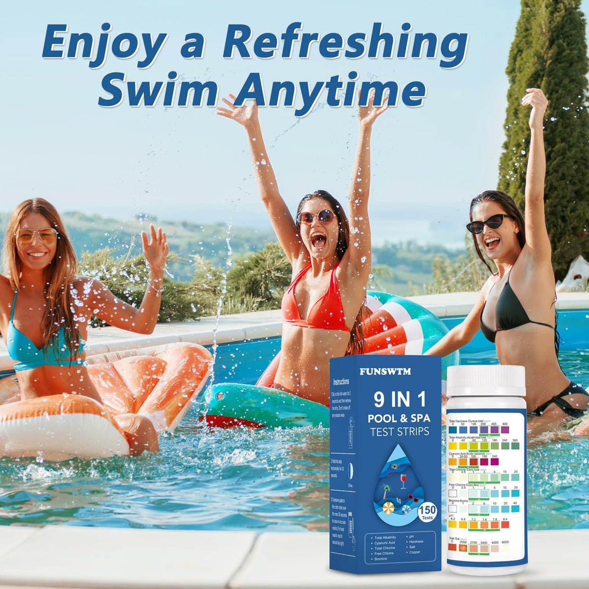 FUNSWTM pool test strips used in spa or hot tub context for balanced water