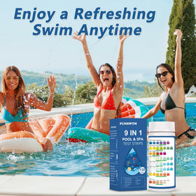 FUNSWTM pool test strips used in spa or hot tub context for balanced water