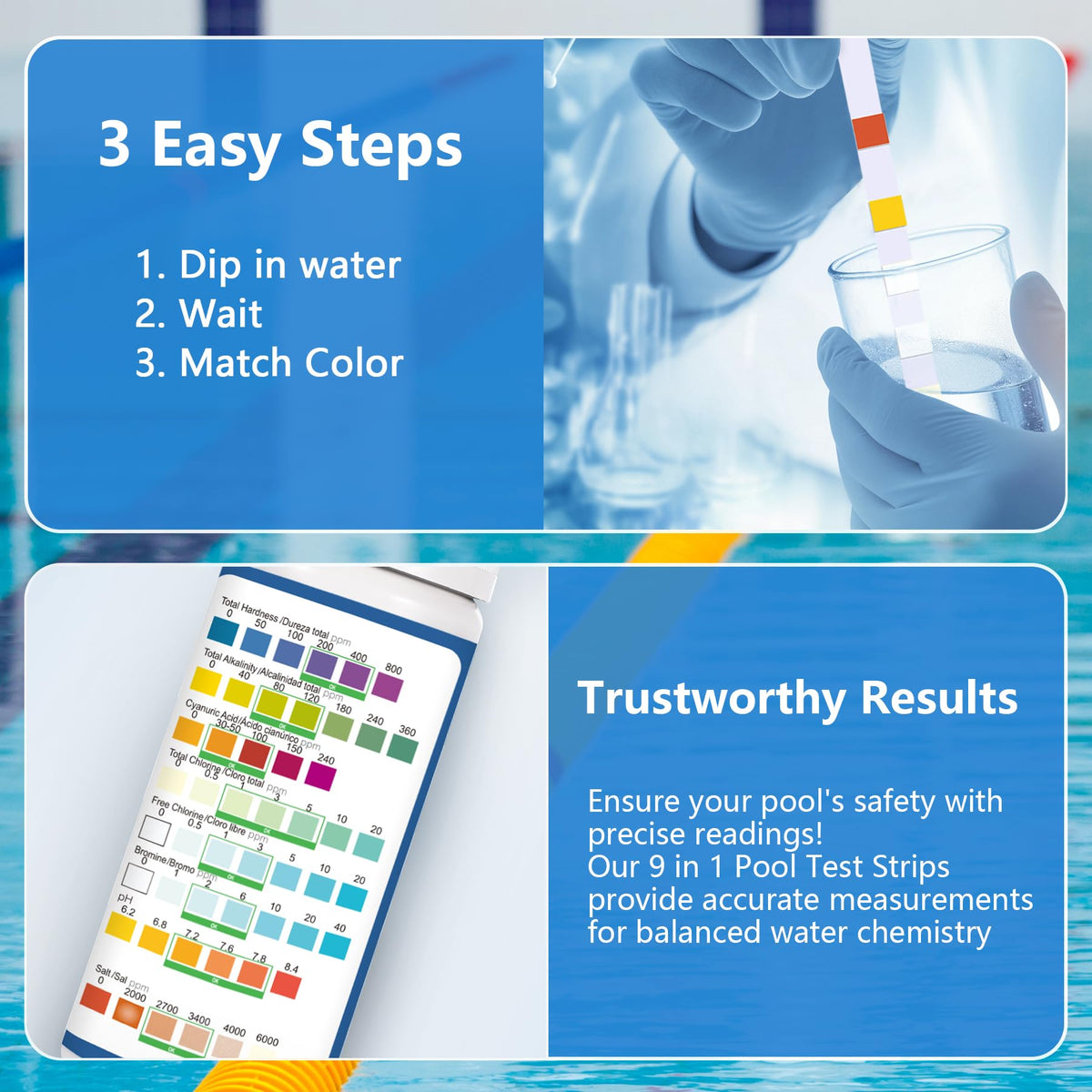 FUNSWTM test strip dipped into pool water for fast readings
