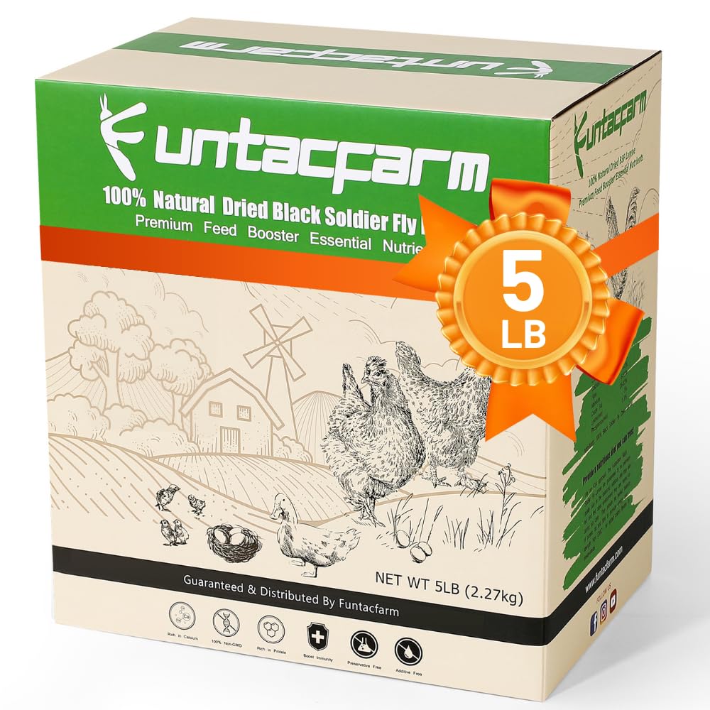 Funtacfarm dried BSF larvae 5lb pack promotes high-protein poultry feeding.