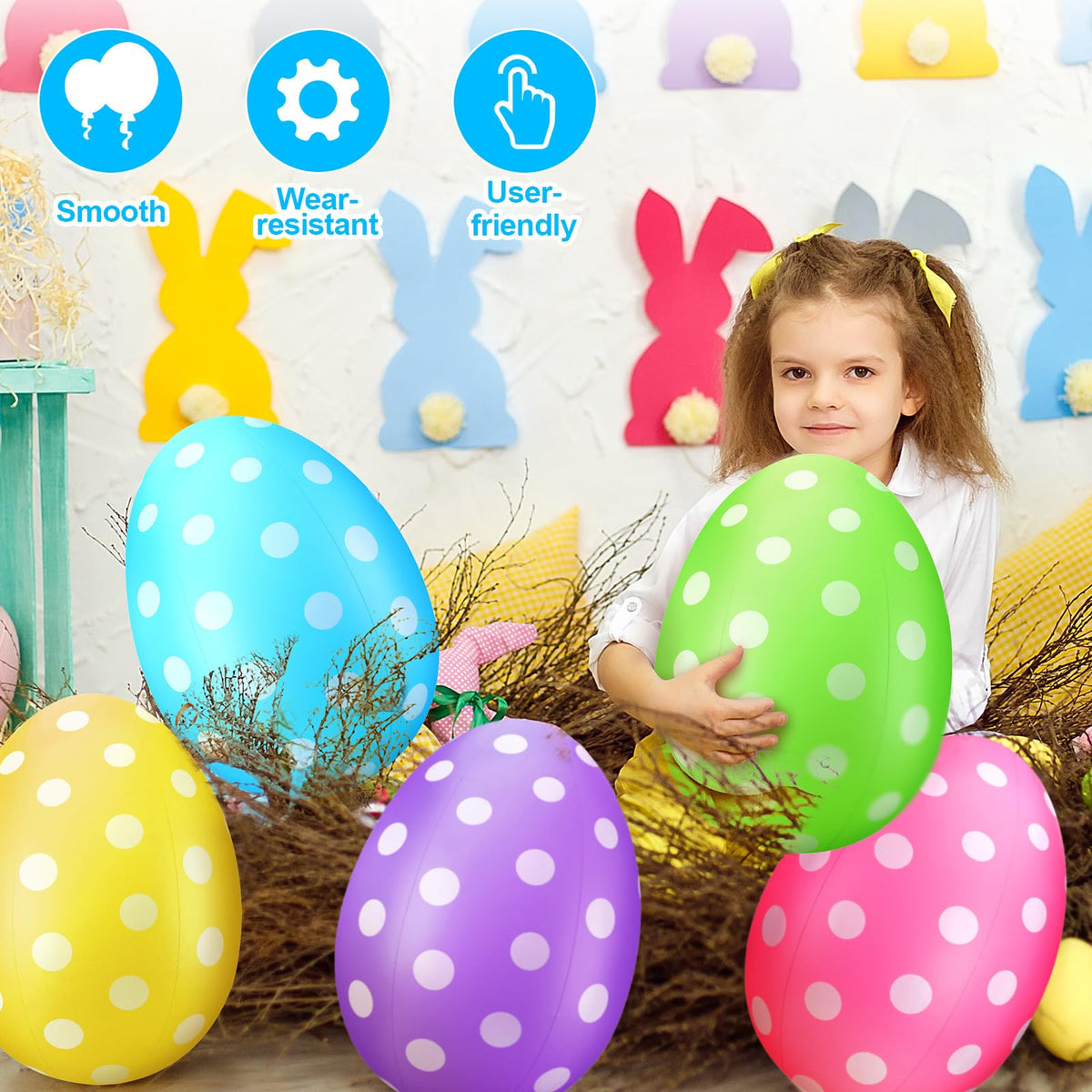 Funtery easy-to-inflate eggs with bottom valves for quick setup.