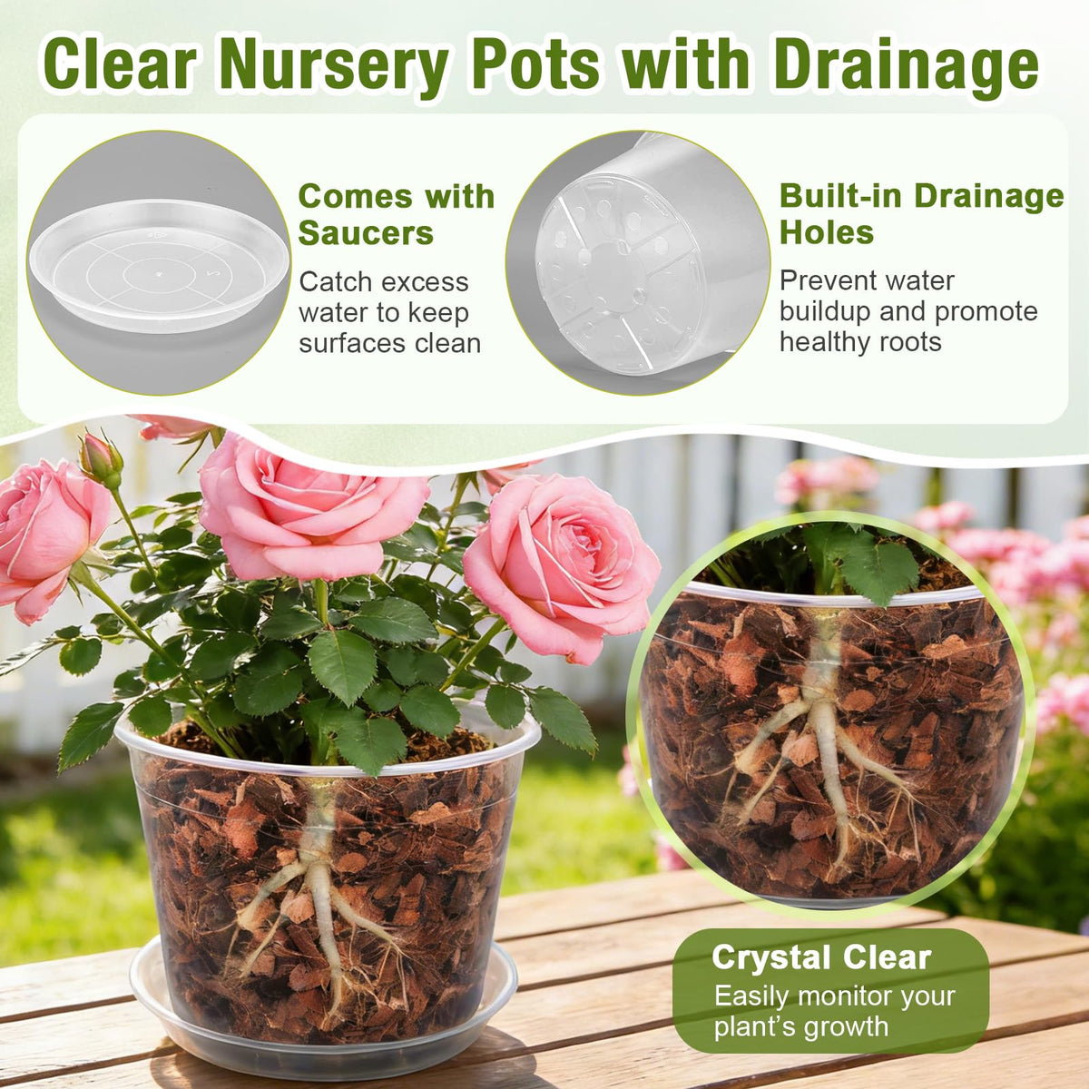 FUOAUYK 8 inch clear nursery pot with saucer for seedlings and space saving