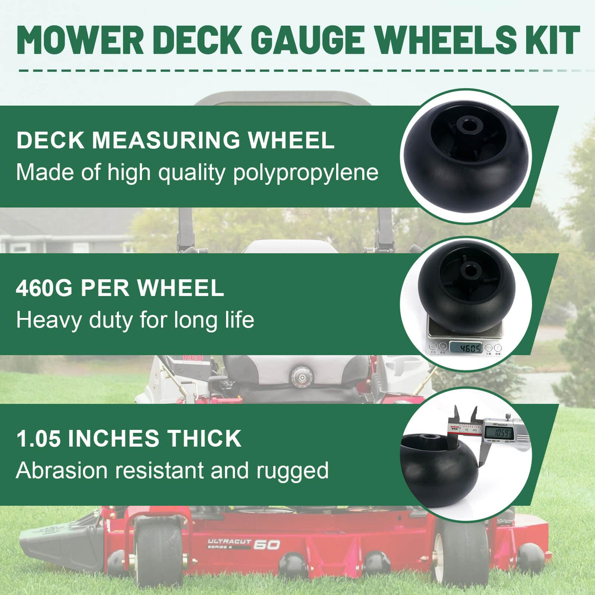 Fuoequl wheels with 0.5 inch bore fit common mower spindles.