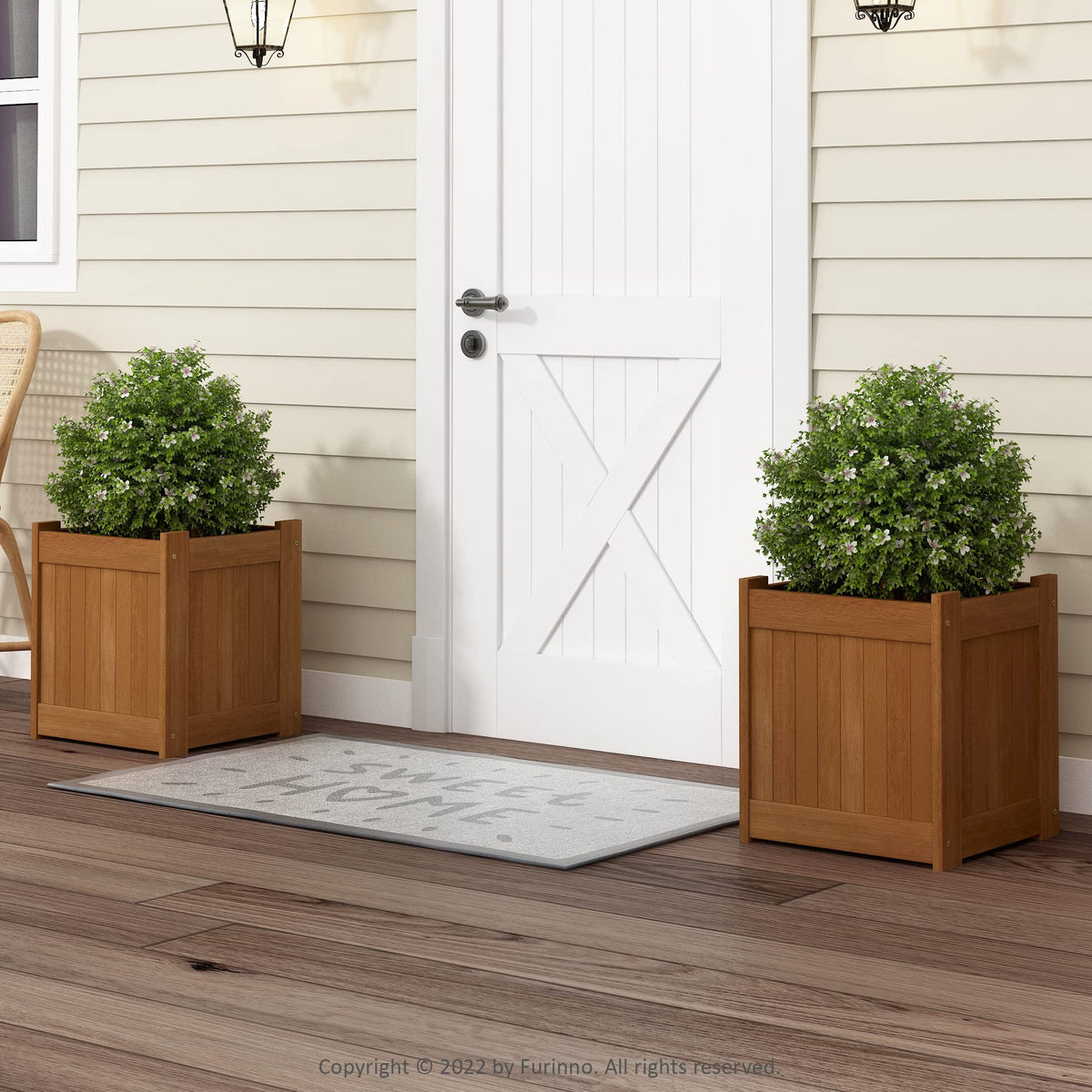 Furinno Tioman flower boxes with teak oil finish resist weather on patios.
