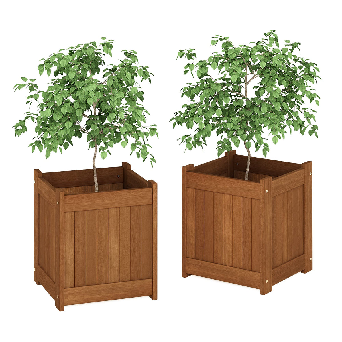 Furinno Tioman two-pack flower boxes in natural meranti wood for outdoor gardens.