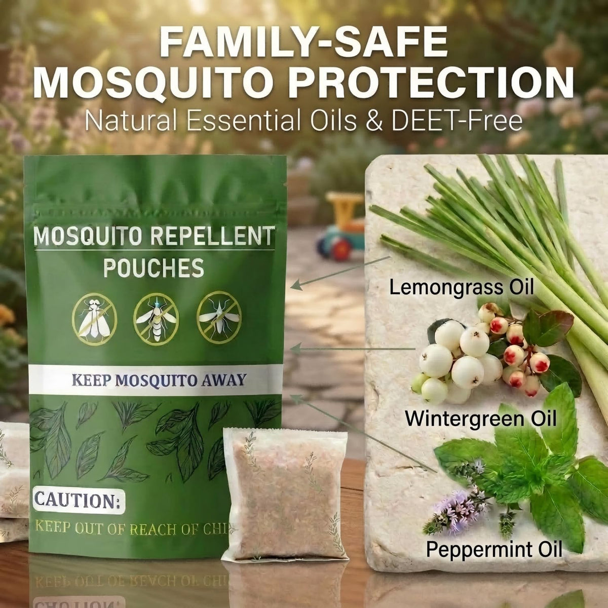Furiseng sachets close up showing corn cob granules and essential oils
