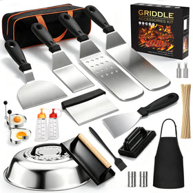 Furnhome 120-piece griddle master set laid out for flat-top grilling.