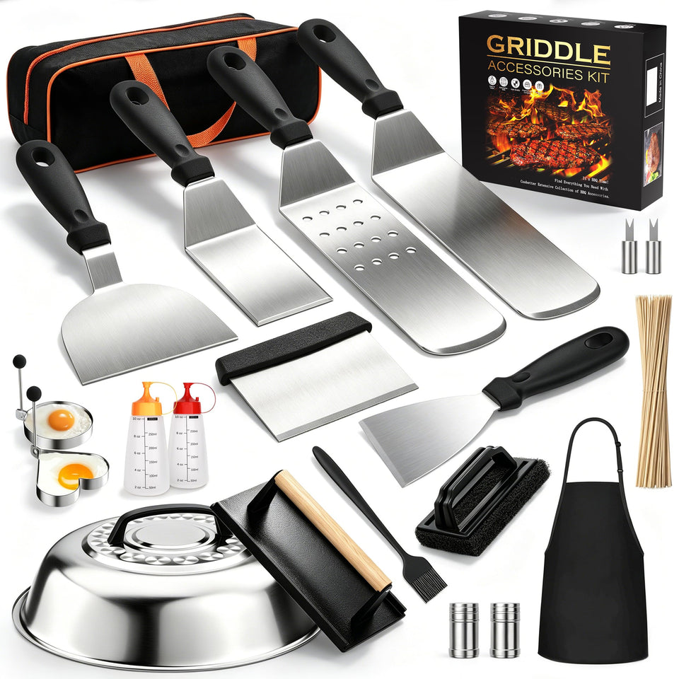 Furnhome 120-piece griddle master set laid out for flat-top grilling.