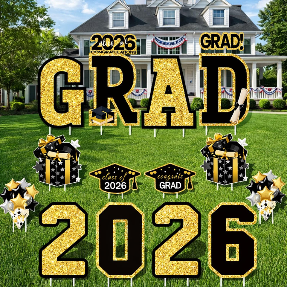 FurniCore grad signs with GRAD and 2026 for bold outdoor visibility.