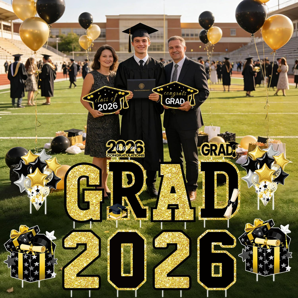 FurniCore graduation caps signs add festive yard decor for photos.