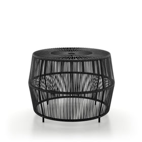 Furniture of America Ysar boho rattan round outdoor coffee table in black, ideal for patios.