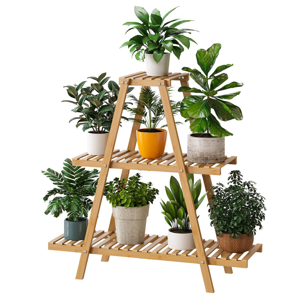 Furshus bamboo plant stand 3-tier with pots for indoor display