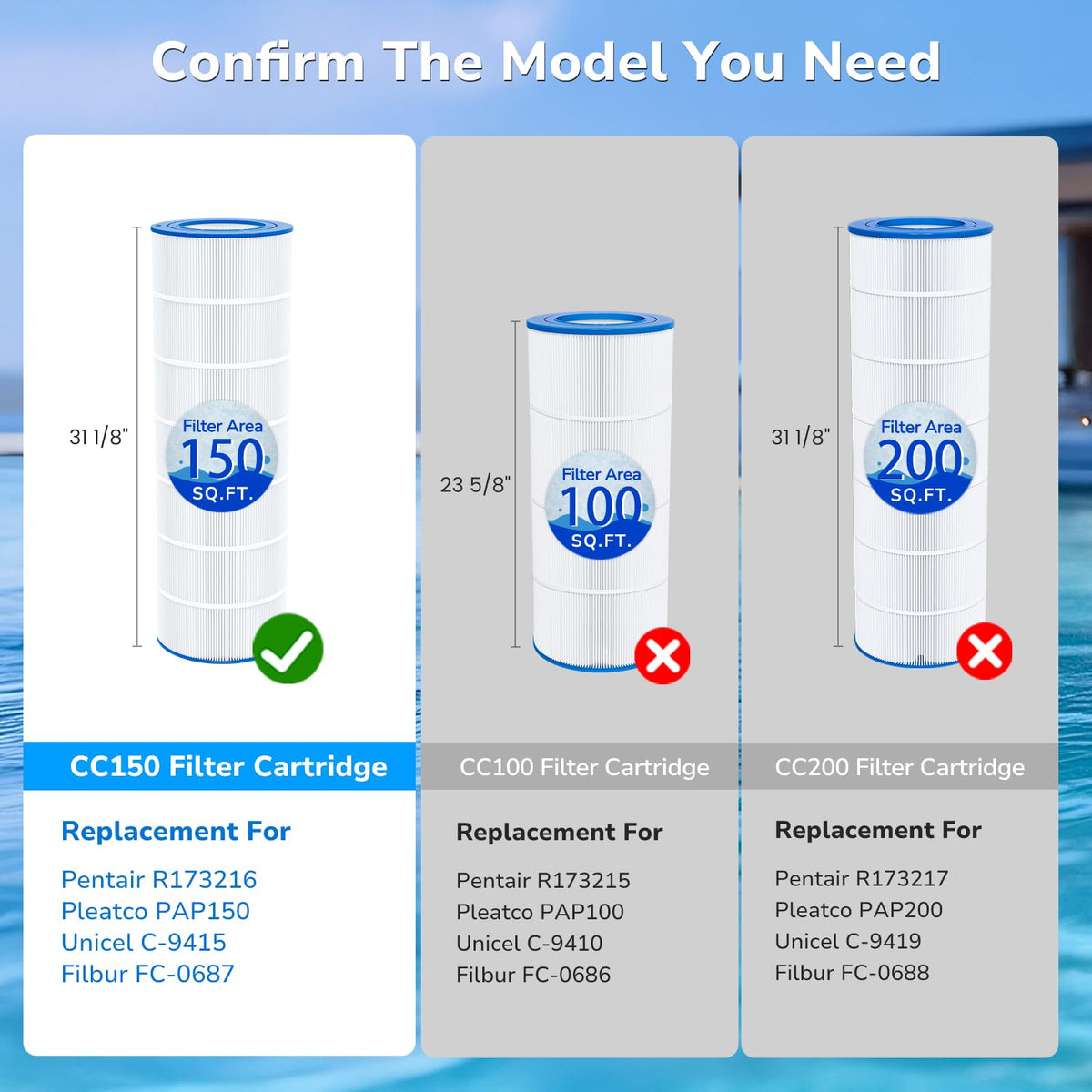 Future Way CC150 pleated design captures 3x more debris for clearer water.