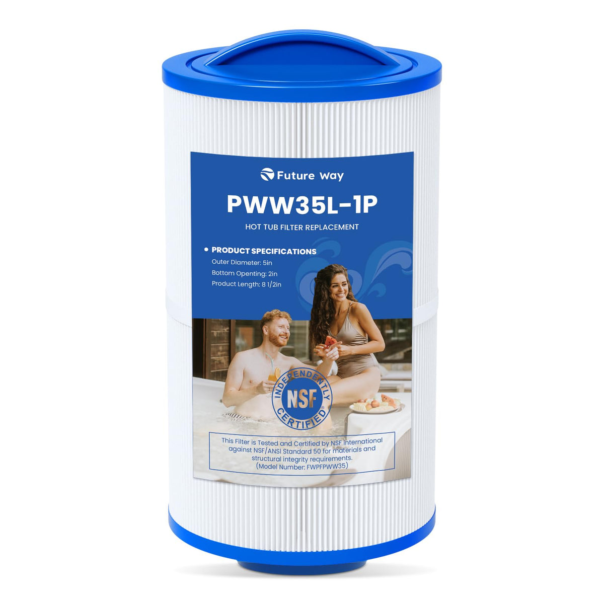 Future Way PWW35L filter cap showing 5-inch diameter for compatible hot tub filtration.