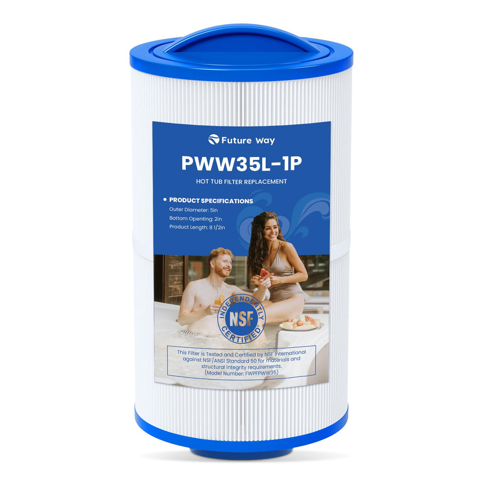 Future Way PWW35L filter cap showing 5-inch diameter for compatible hot tub filtration.