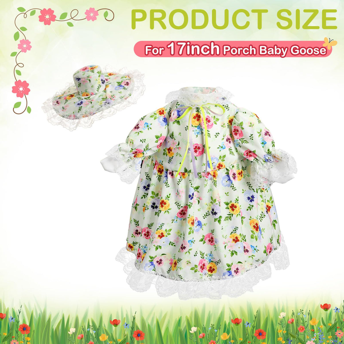 FuWeave floral skirt goose outfit with hat set, ready for garden decor.