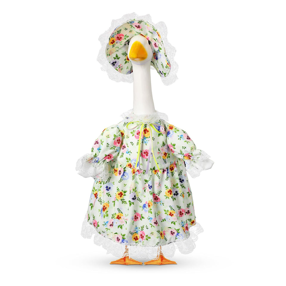 FuWeave Spring Porch Goose Outfit on a lawn goose, adds festive outdoor charm.