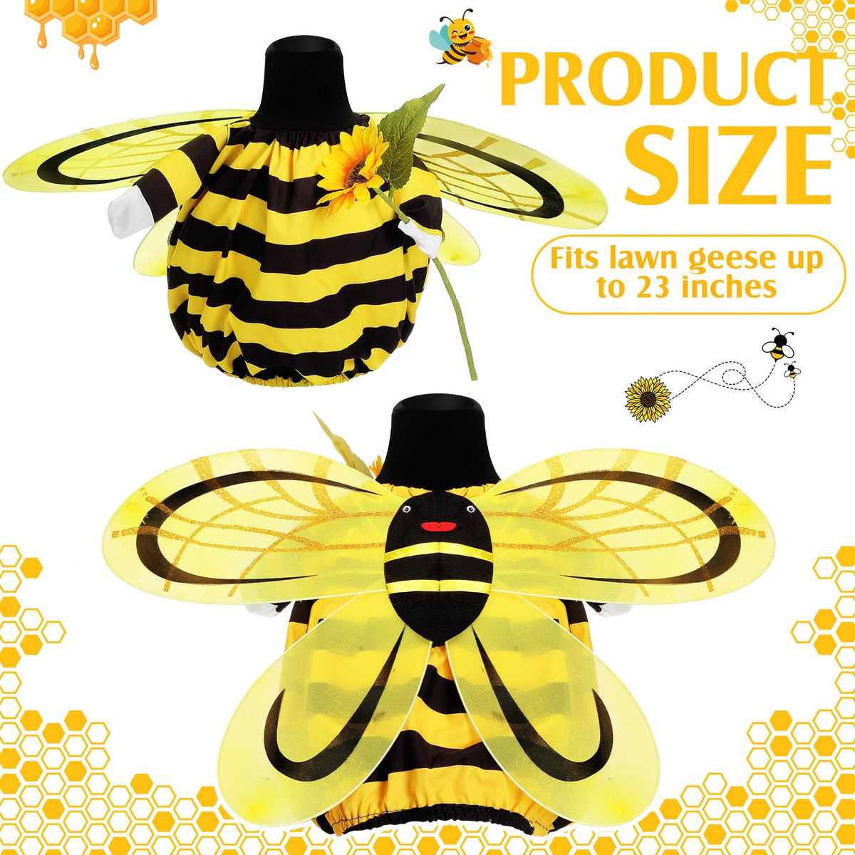 FuWeave bee goose costume with wings and sunflowers for festive lawn decor.