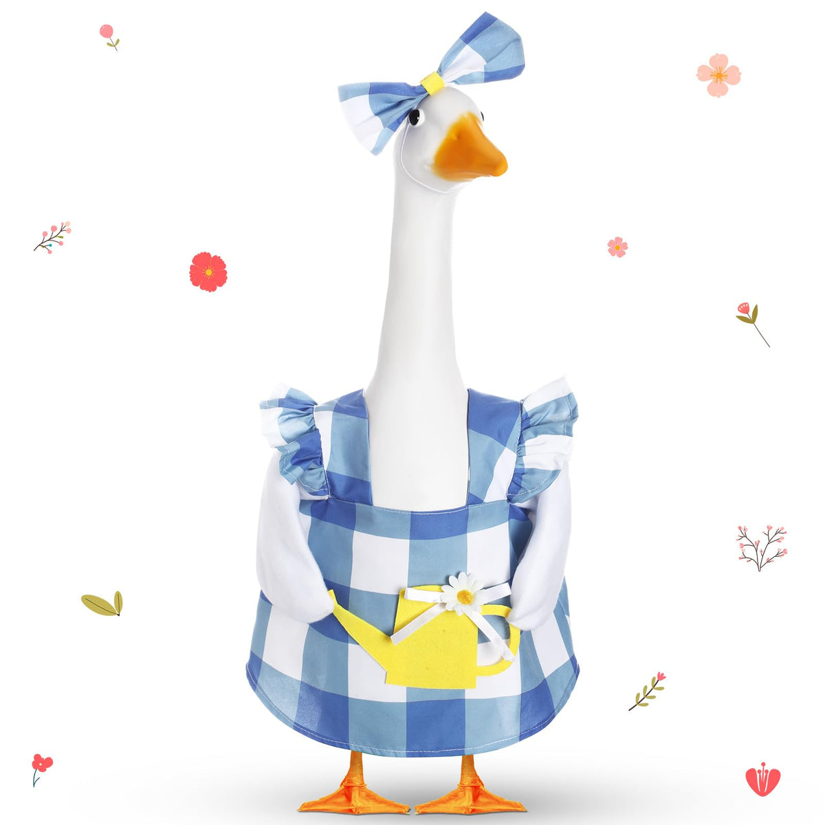 FuWeave goose outfit in blue-white grid enhances a 23-inch lawn statue for festive curb appeal.