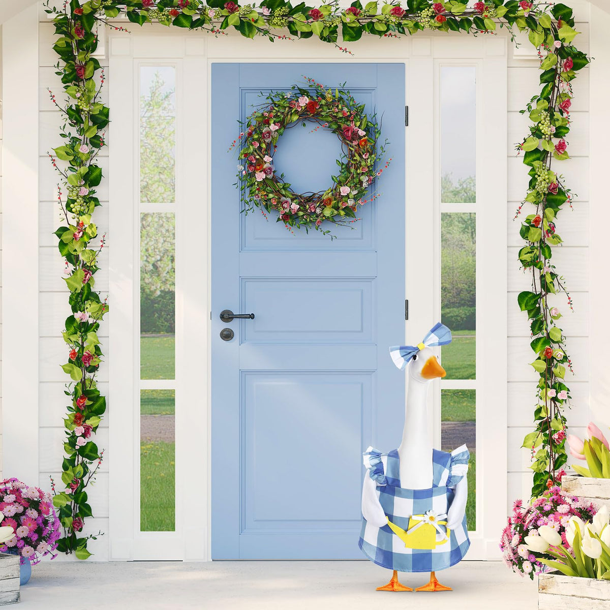FuWeave goose outfit with yellow watering can adds playful spring charm.