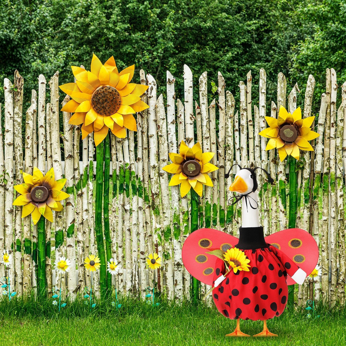 Whimsical goose decor from FuWeave elevates outdoor porch display.