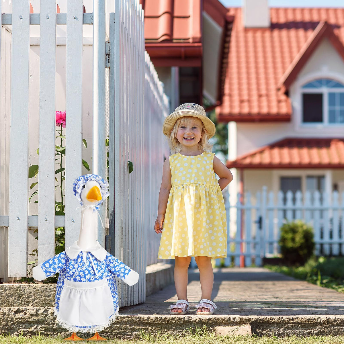 Outdoor-ready costume suits 23-inch lawn geese well.