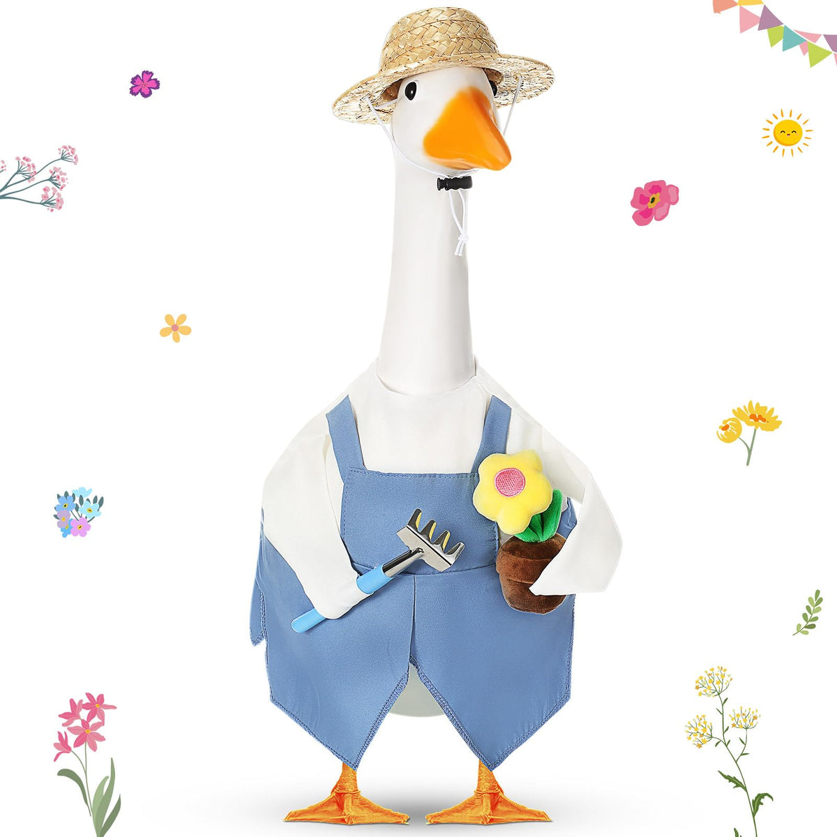 FuWeave Spring Goose Outfit on a 23-inch goose with gardener set for outdoor display