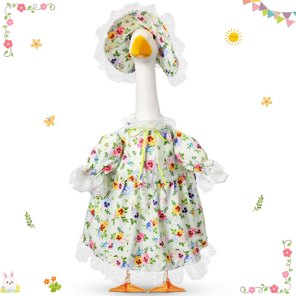 FuWeave spring goose outfit with floral dress enhances garden decor.
