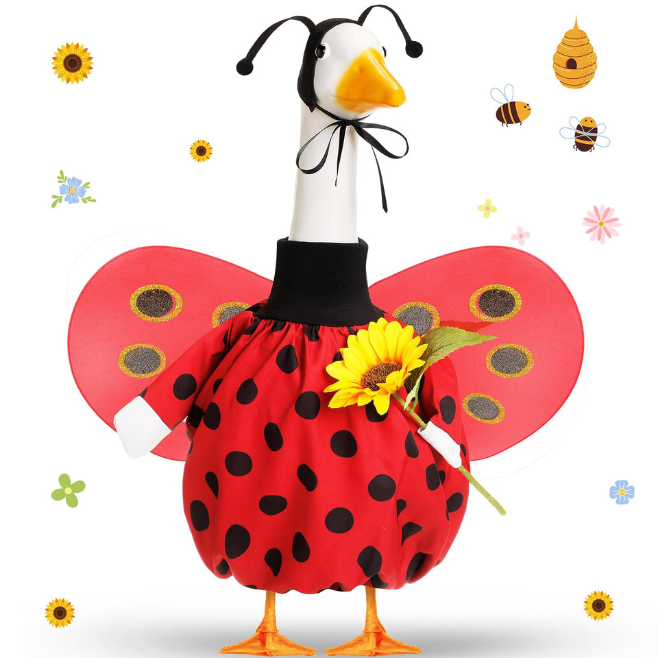 FuWeave Spring Ladybug Goose Outfit on porch statue with wings and sunflowers for festive outdoor decor.