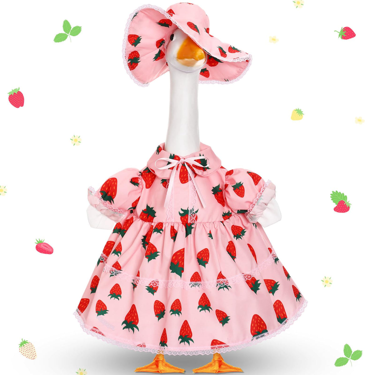 FuWeave strawberry goose outfit with skirt hat elevating yard charm for summer porches.