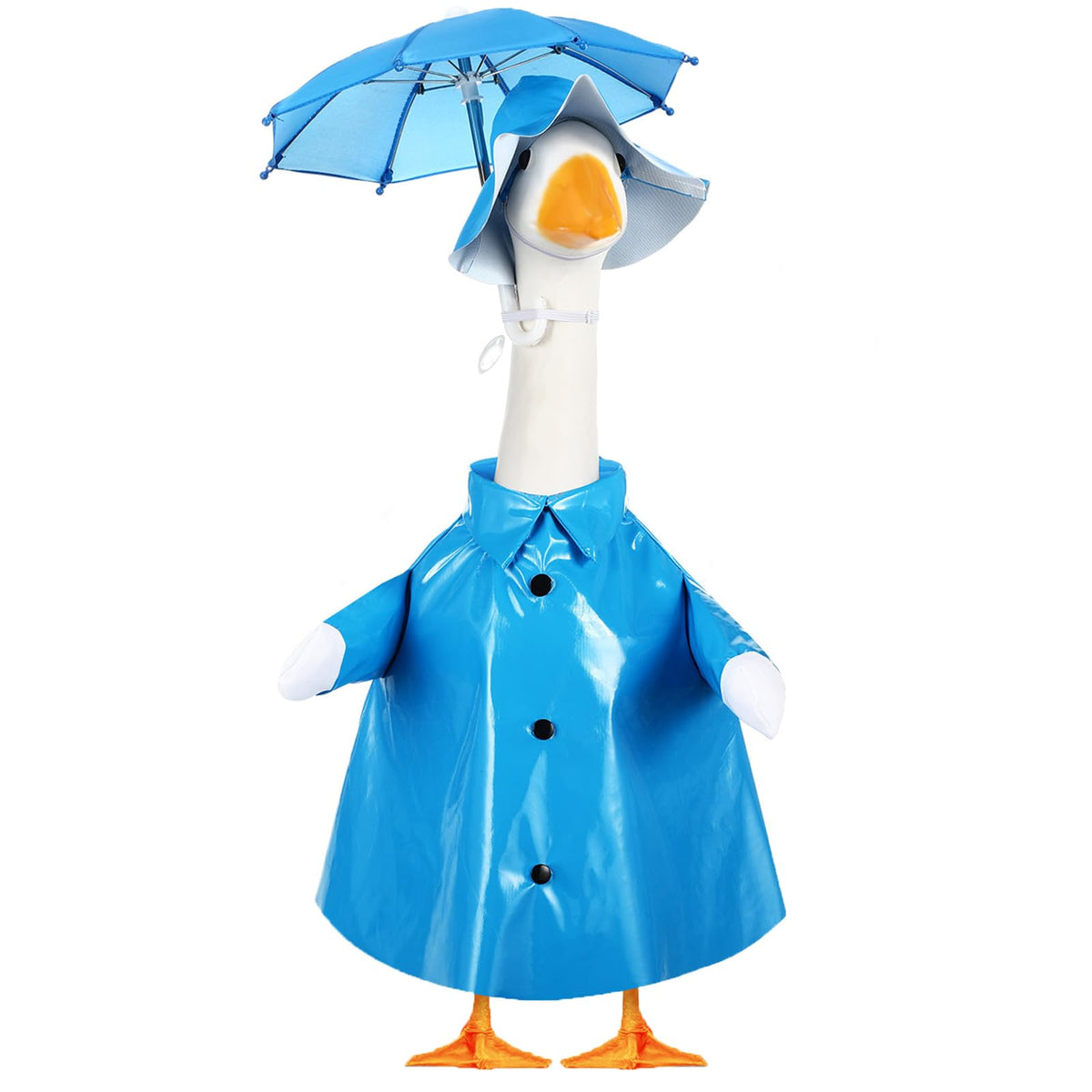 FuWeave summer baby goose outfit blue raincoat highlights outdoor goose display.