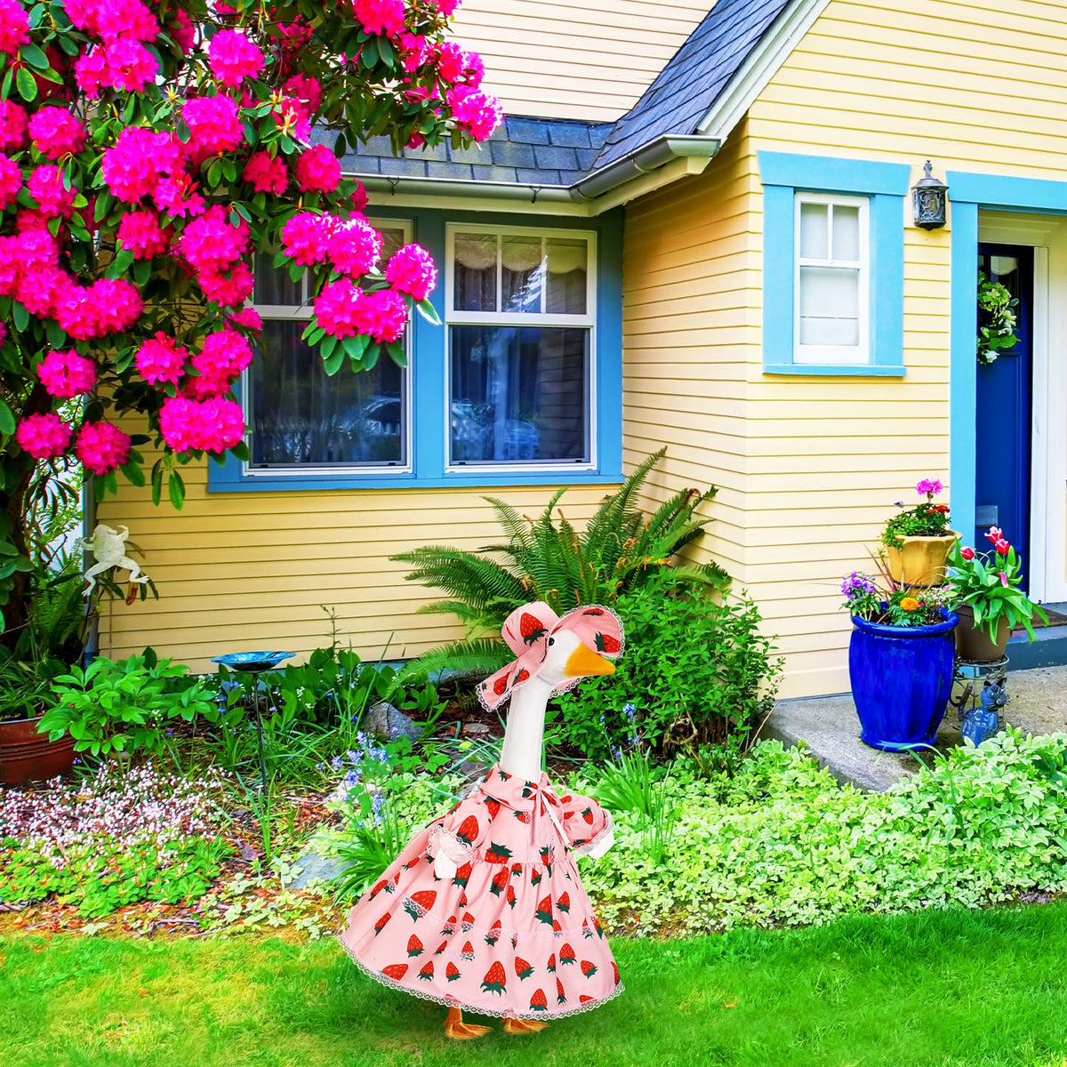 FuWeave strawberry-themed goose outfit delights guests at summer yard gatherings.