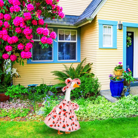 FuWeave strawberry-themed goose outfit delights guests at summer yard gatherings.