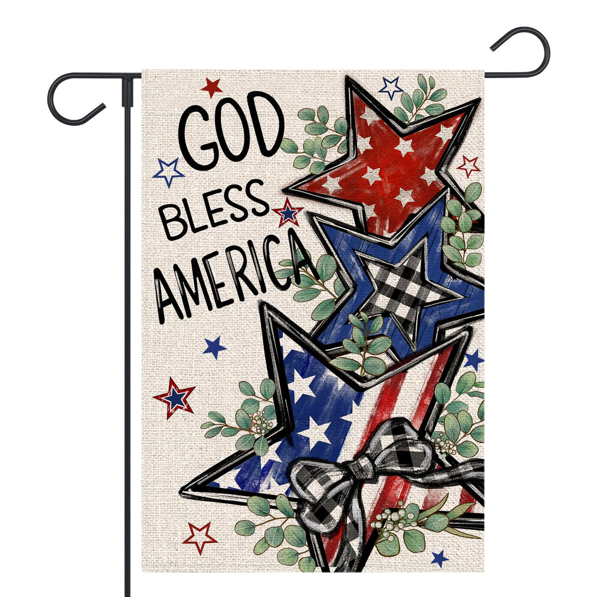 FUYUCHEN 4th of July garden flag front view with stars and eucalyptus for yard decoration.